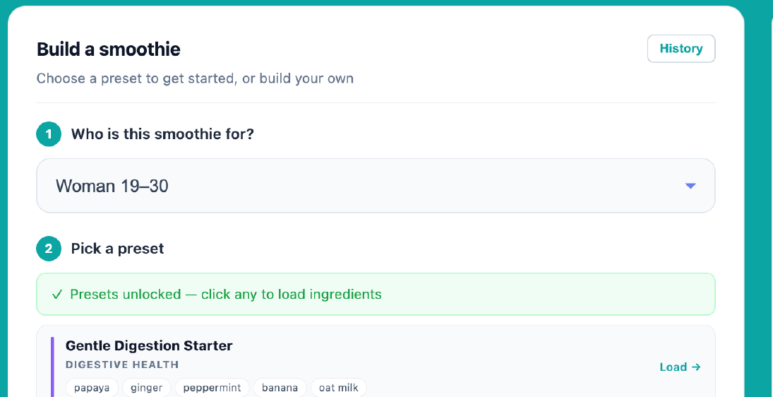 PureFyul builder with an audience selected and smoothie presets unlocked