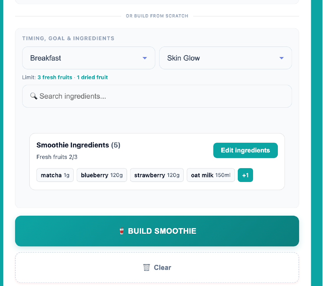 PureFyul builder with timing, health goal, ingredients, and Build Smoothie button ready