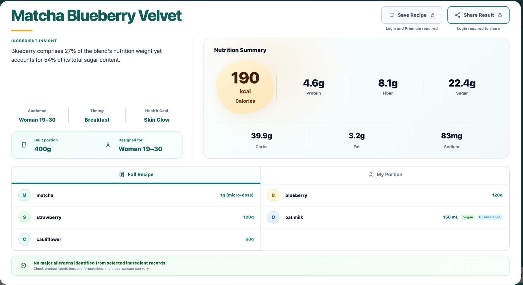 Completed PureFyul smoothie result with nutrition, ingredients, allergen status, and sharing option